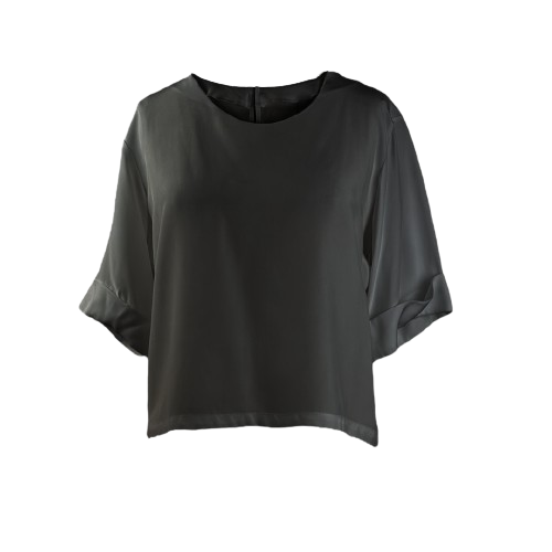 Black boxy silk top with folded sleeves and zipper