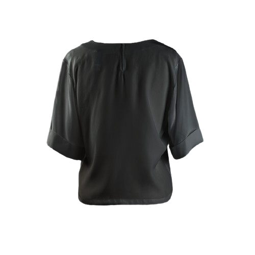 Back of black boxy silk top with folded sleeves and zipper