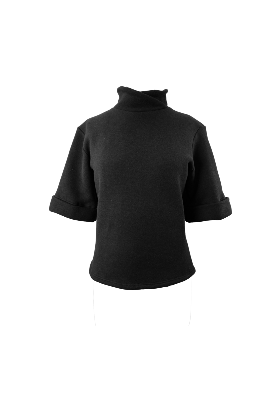 Black sweater with short sleeves and fold over collar