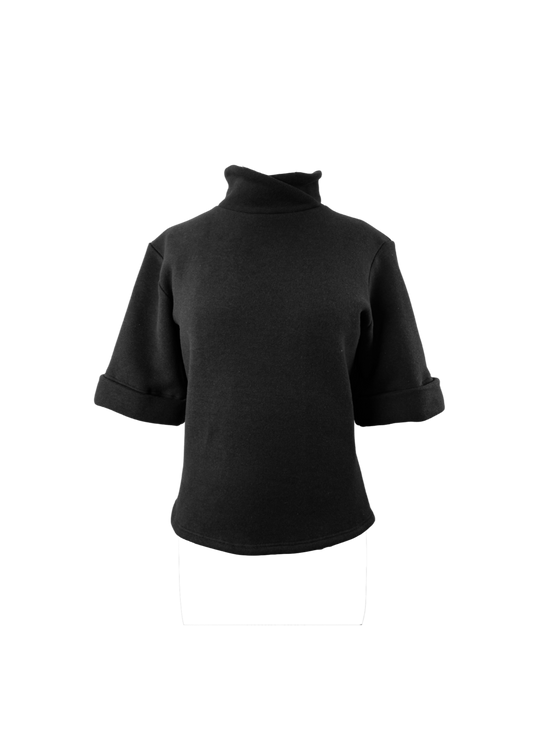 Black sweater with short sleeves and fold over collar