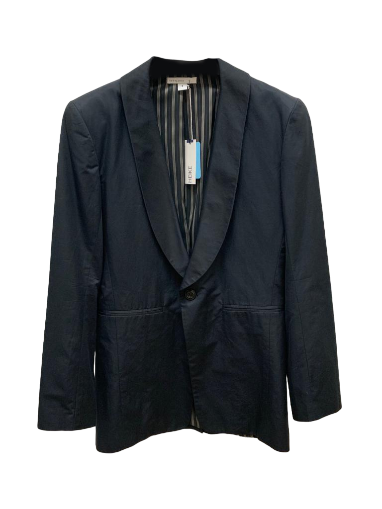 Black cotton jacket with white and black striped inner lining and large pockets