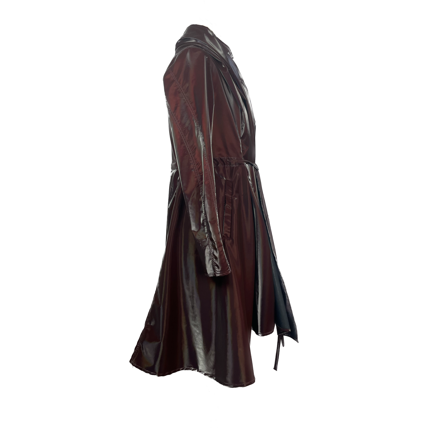 Side of shiny burgundy cotton coat with self tie belt and interior bib