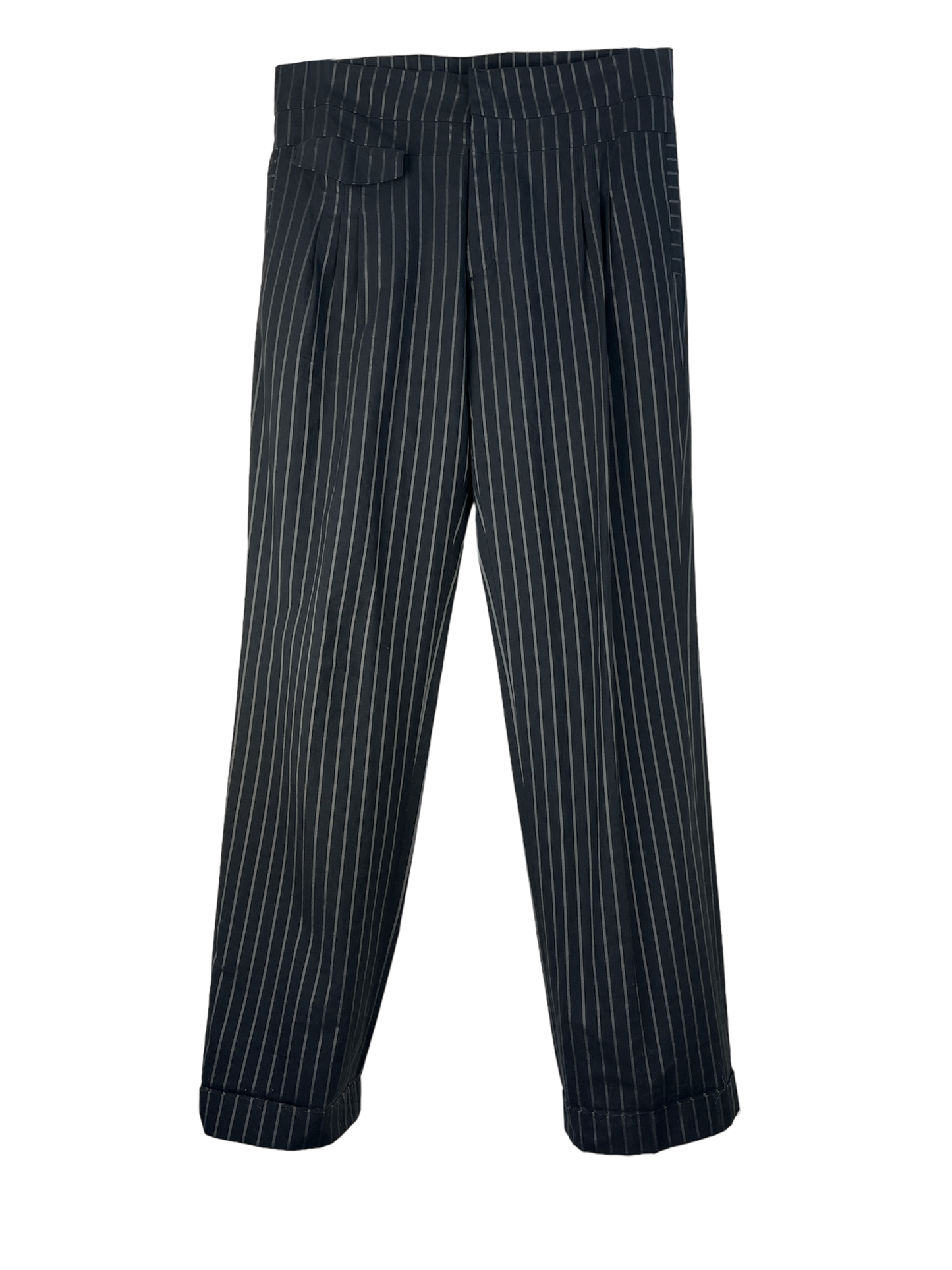 Black pants with folded legs in black and white striped color