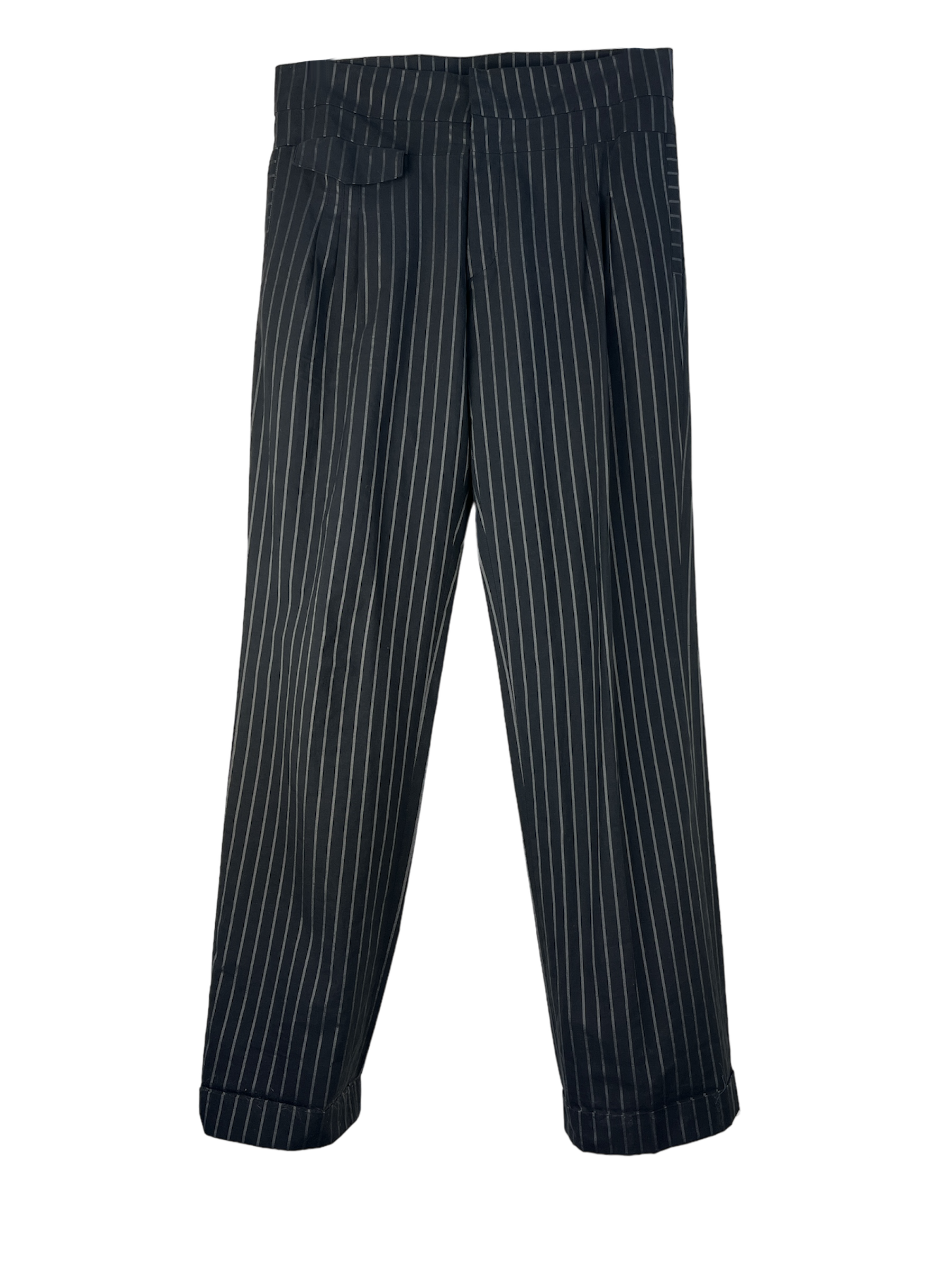 Black pants with folded legs in black and white striped color