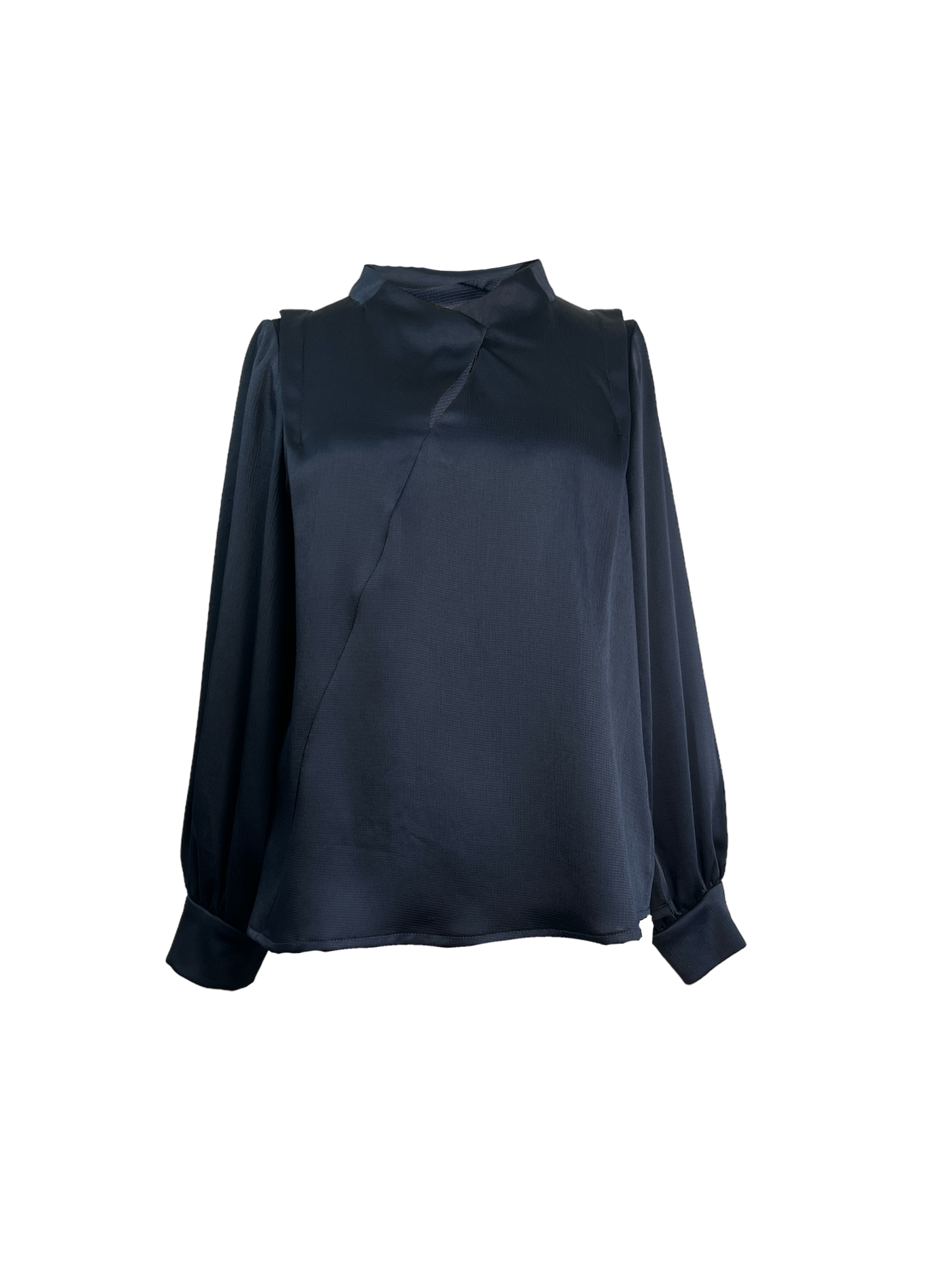 Front of navy embossed satin blouse