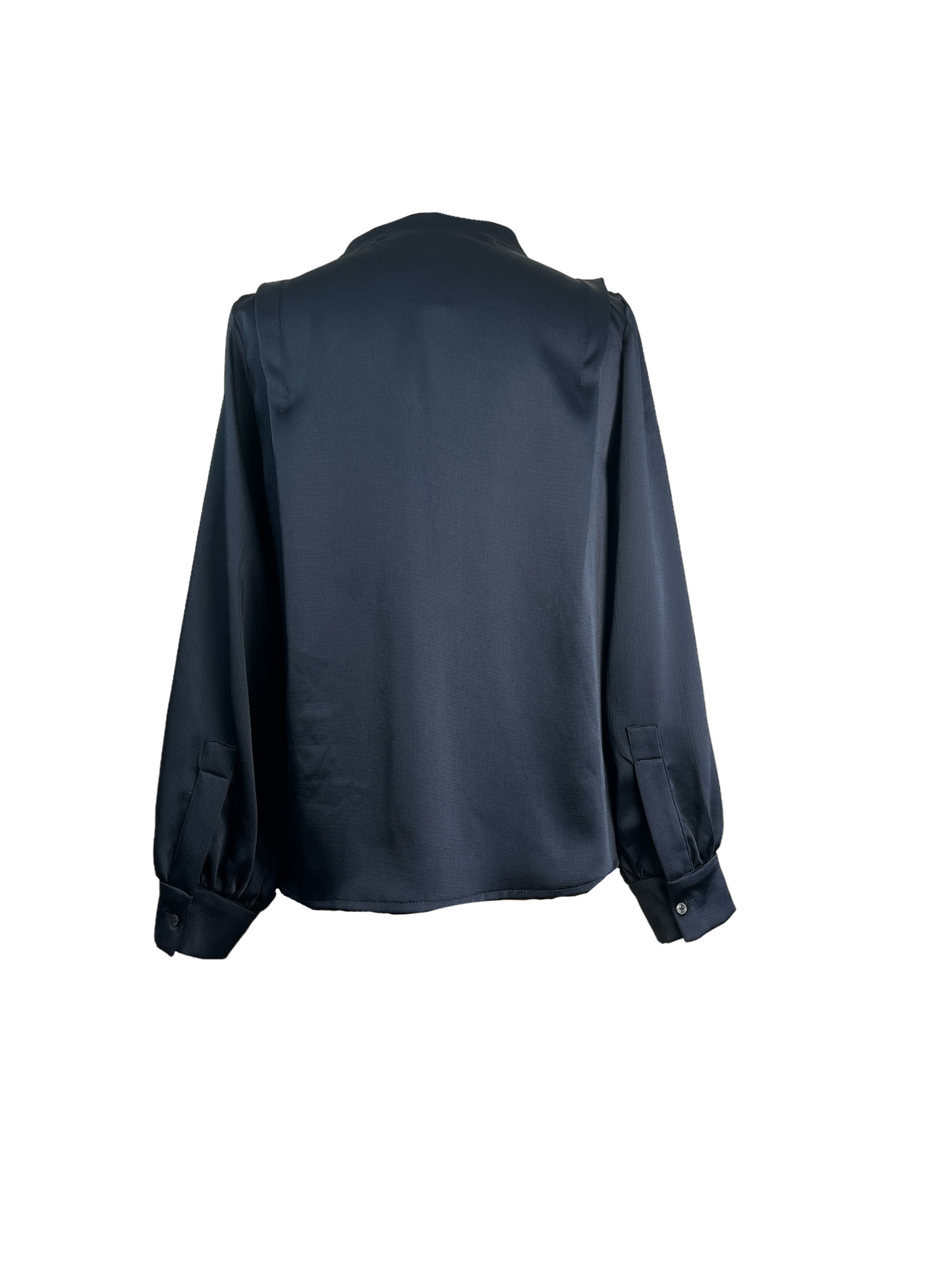 Back of navy embossed satin blouse