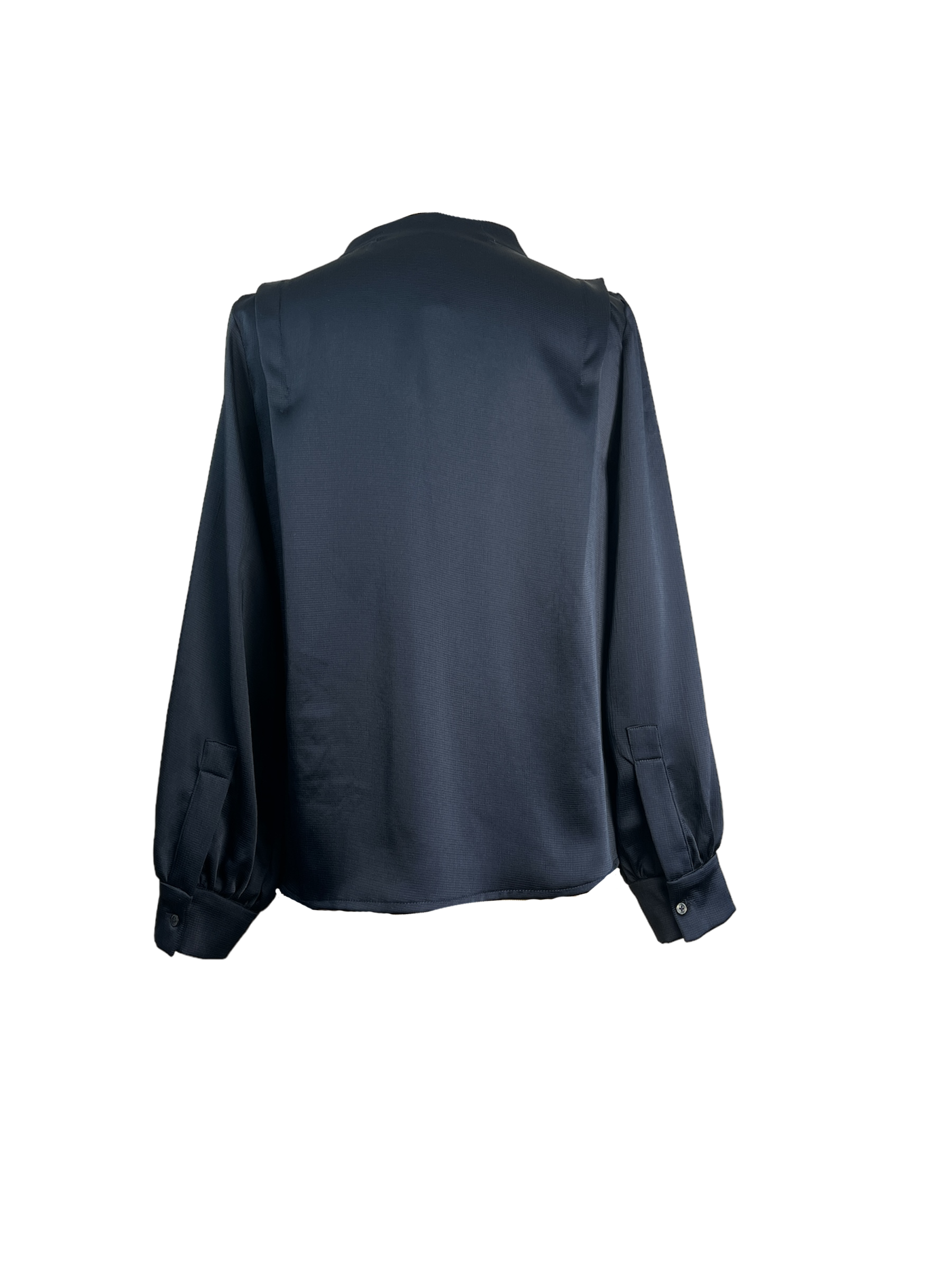 Back of navy embossed satin blouse