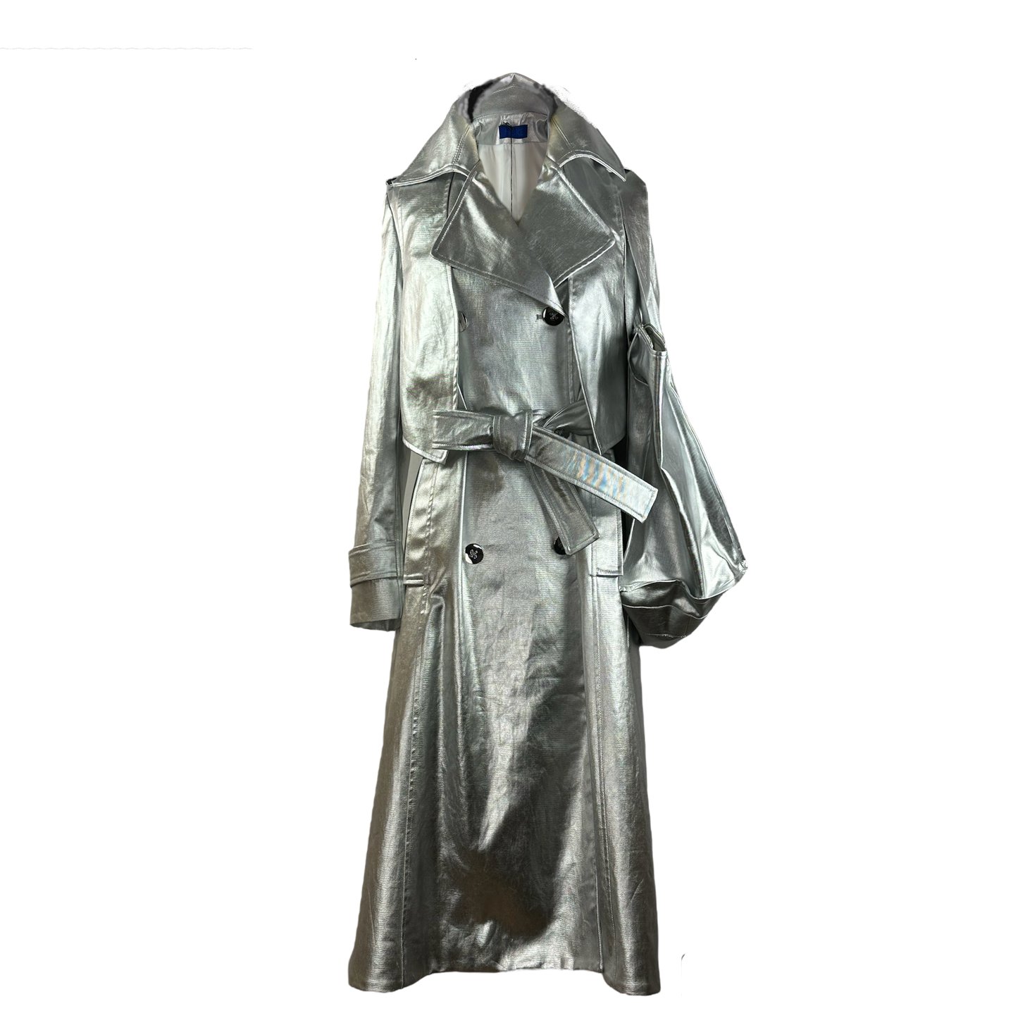 Long water-resistant trench coat in silver coated cotton twill with a back shield for added detail