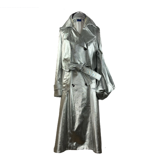 Long water-resistant trench coat in silver coated cotton twill with a back shield for added detail