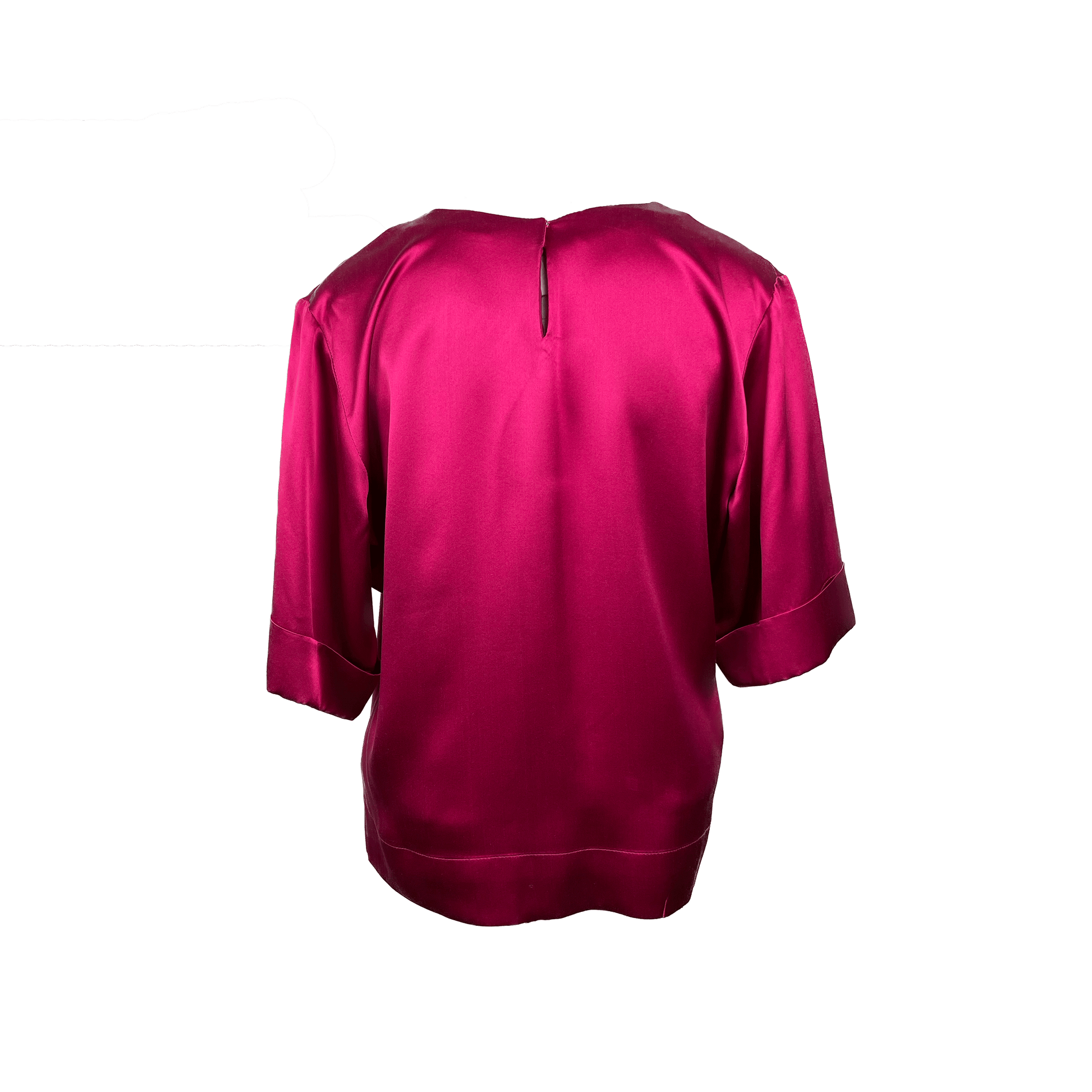 Back of fuchsia boxy top made from silk with zipper