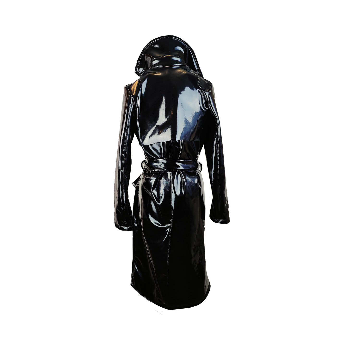 Back of black lacquer leather fleece bonded trench coat with integrated hood and belt