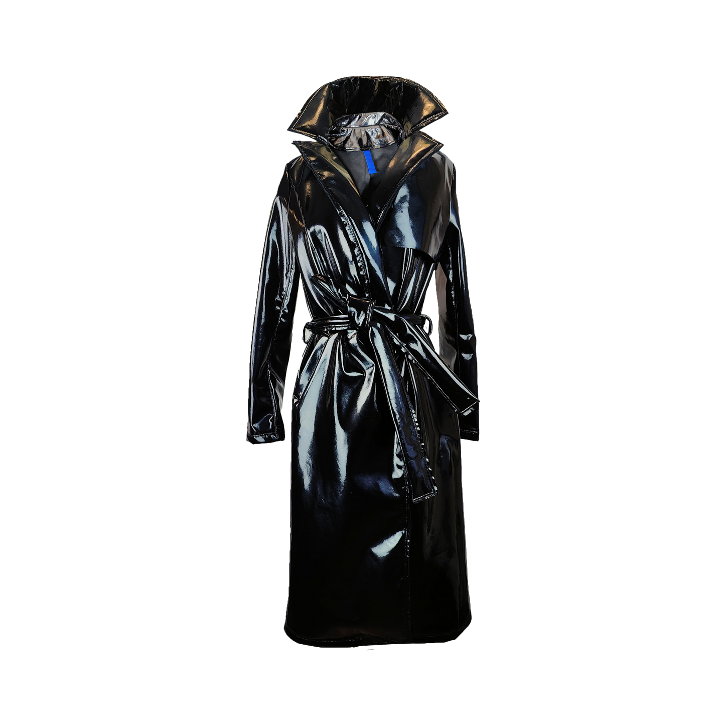Black lacquer leather fleece bonded trench coat with integrated hood and belt