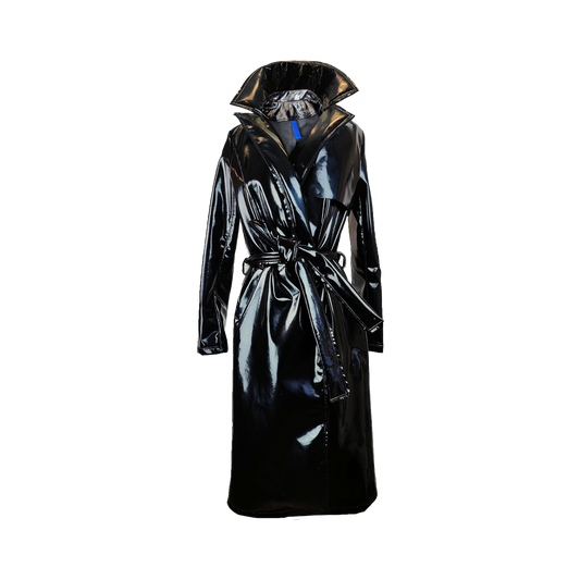 Black lacquer leather fleece bonded trench coat with integrated hood and belt