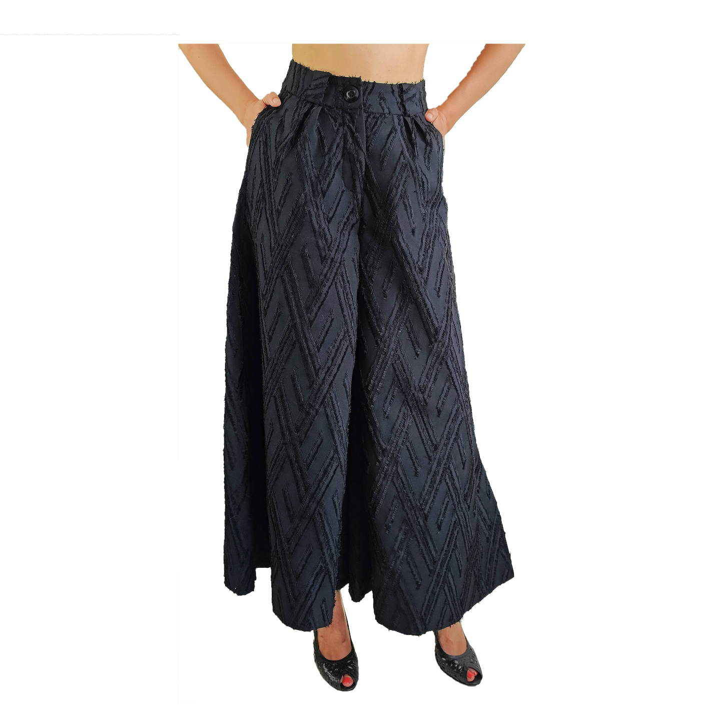 Black wide legged wool pants with frayed herringbone detailing