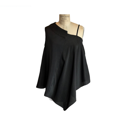 Black one shoulder top with white pinstripe pattern fabric