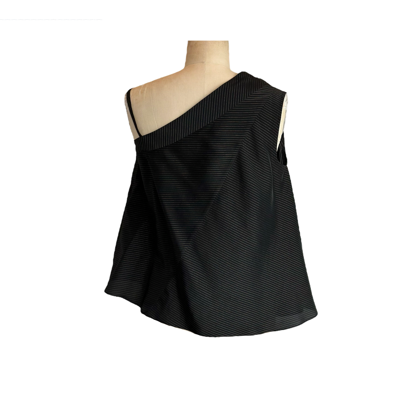 Back of black one shoulder top with pinstripe pattern