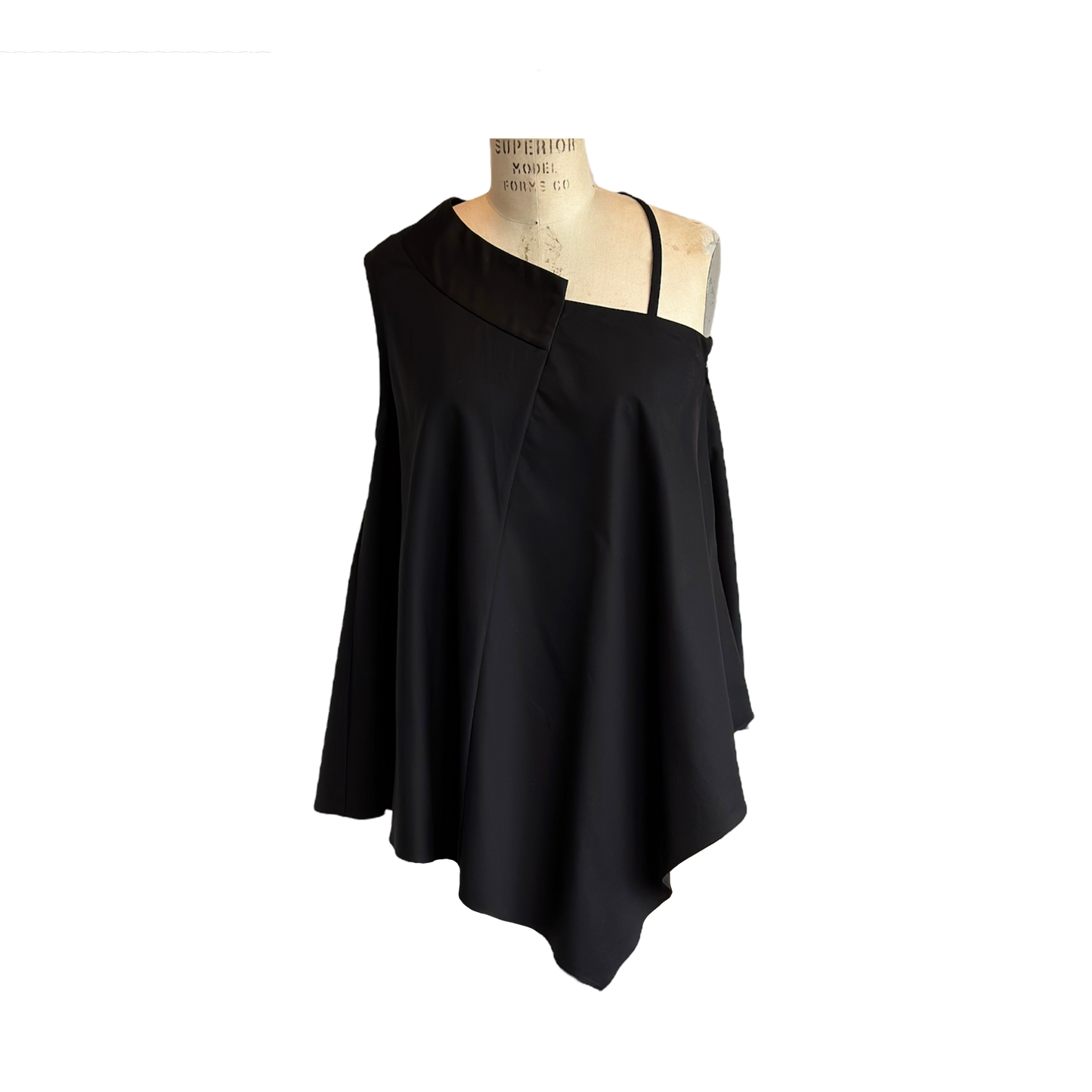 Solid black one shoulder top with asymmetric shoulder strap