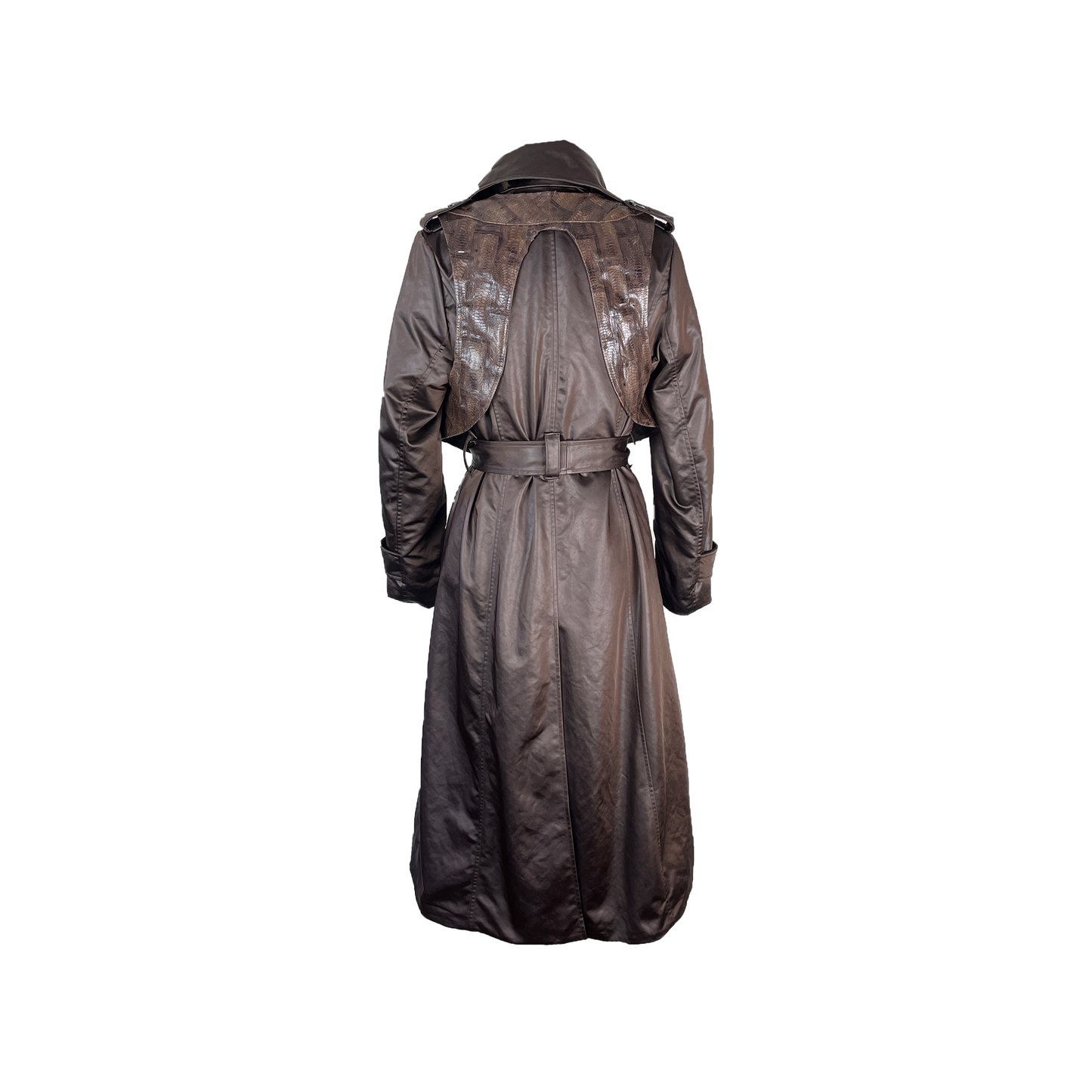 Back of Long Chocolate Bristol Trench coat made of satin with a removable vest in textured leather