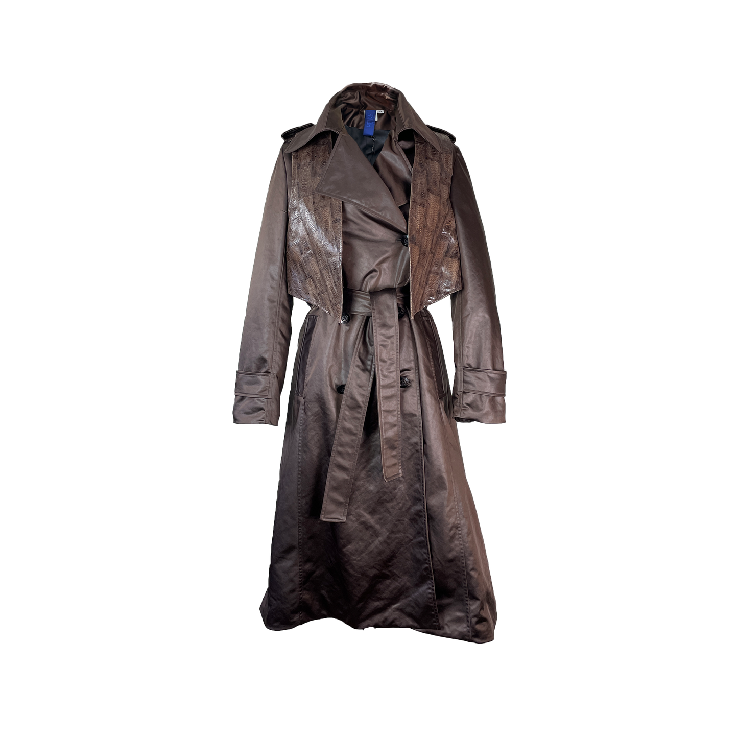 Long Chocolate Bristol Trench coat made of satin with a removable vest in textured leather