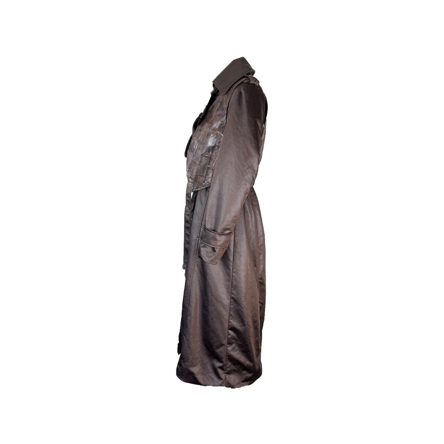 Side of Long Chocolate Bristol Trench coat made of satin with a removable vest in textured leather