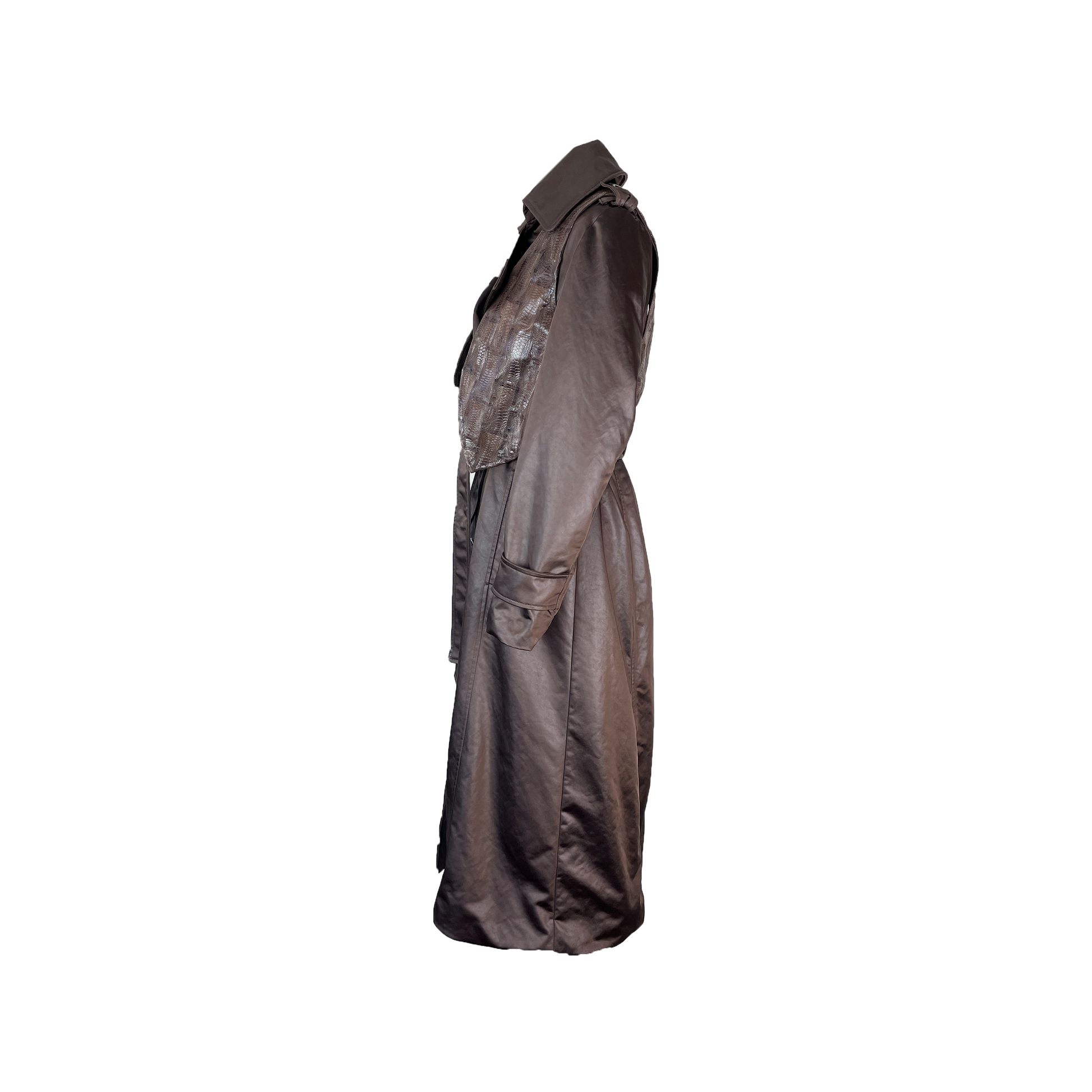 Side of Long Chocolate Bristol Trench coat made of satin with a removable vest in textured leather