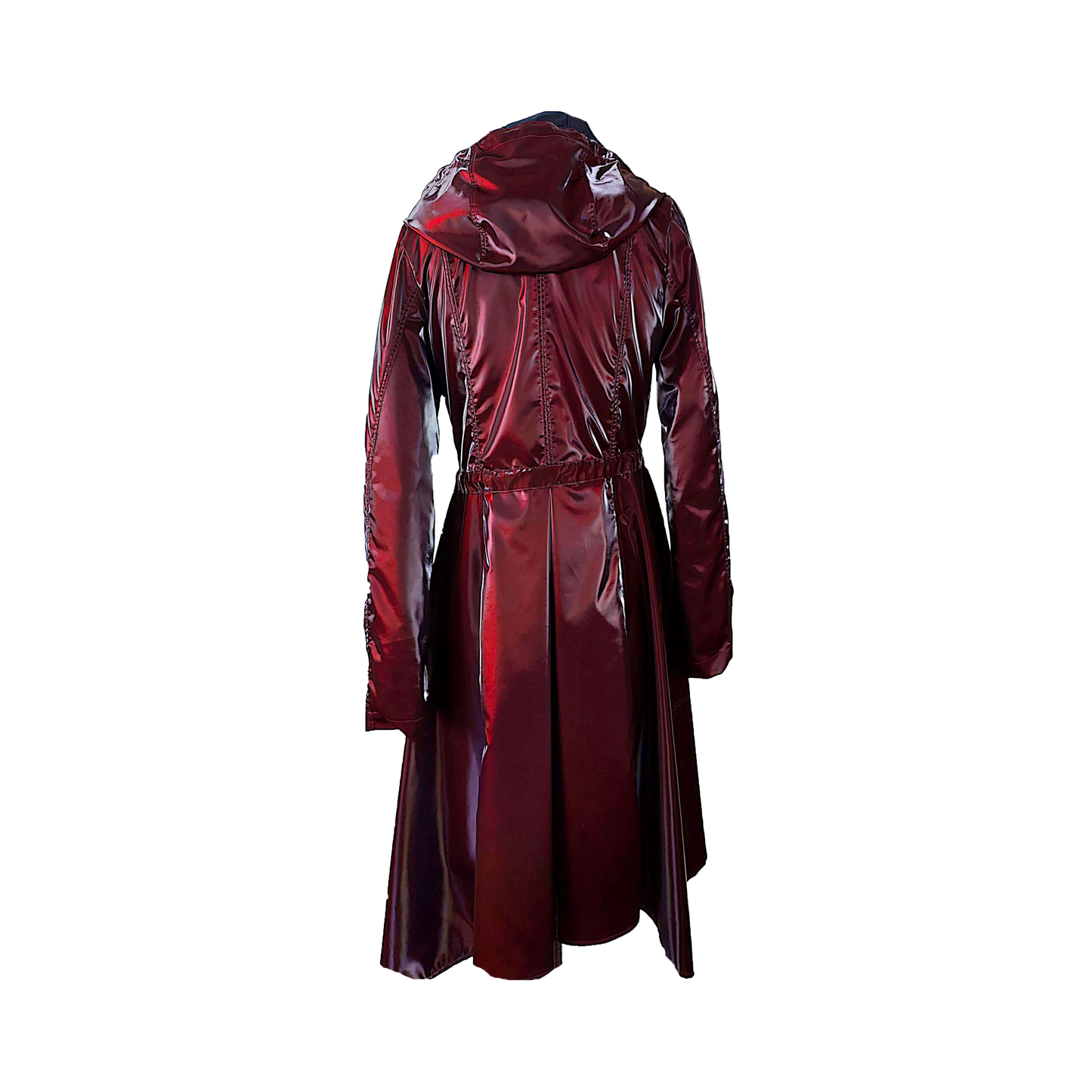 Back of multi layer coat in burgundy lacquered finish with billow pocket detailing and hood