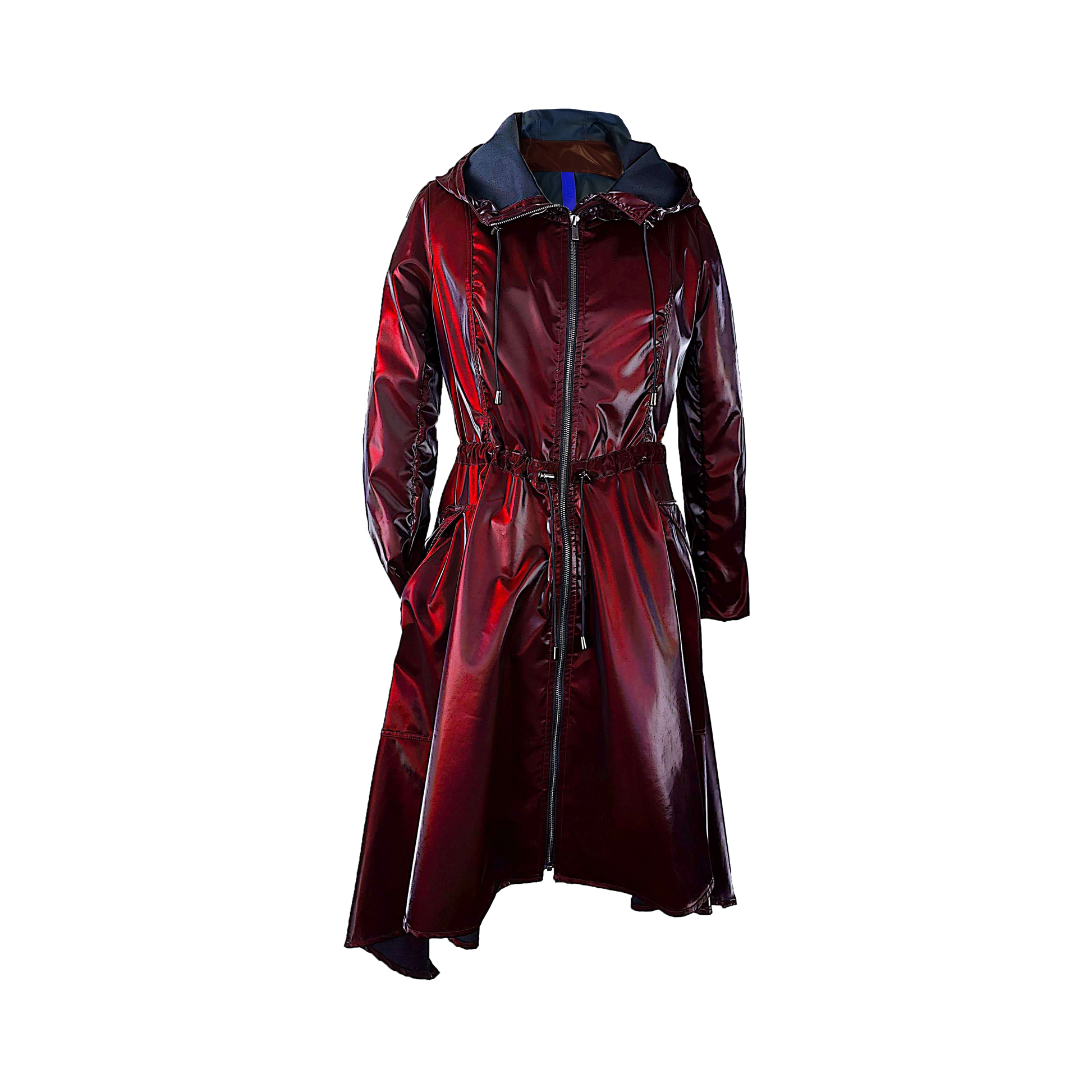 Three layered coat in burgundy lacquered finish with billow pocket detailing
