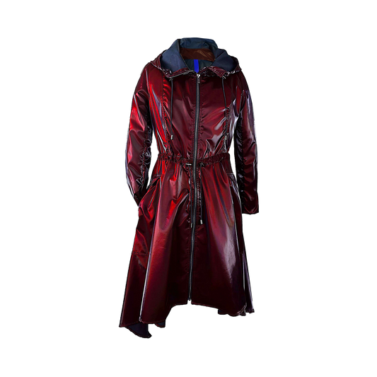 Three layered coat in burgundy lacquered finish with billow pocket detailing