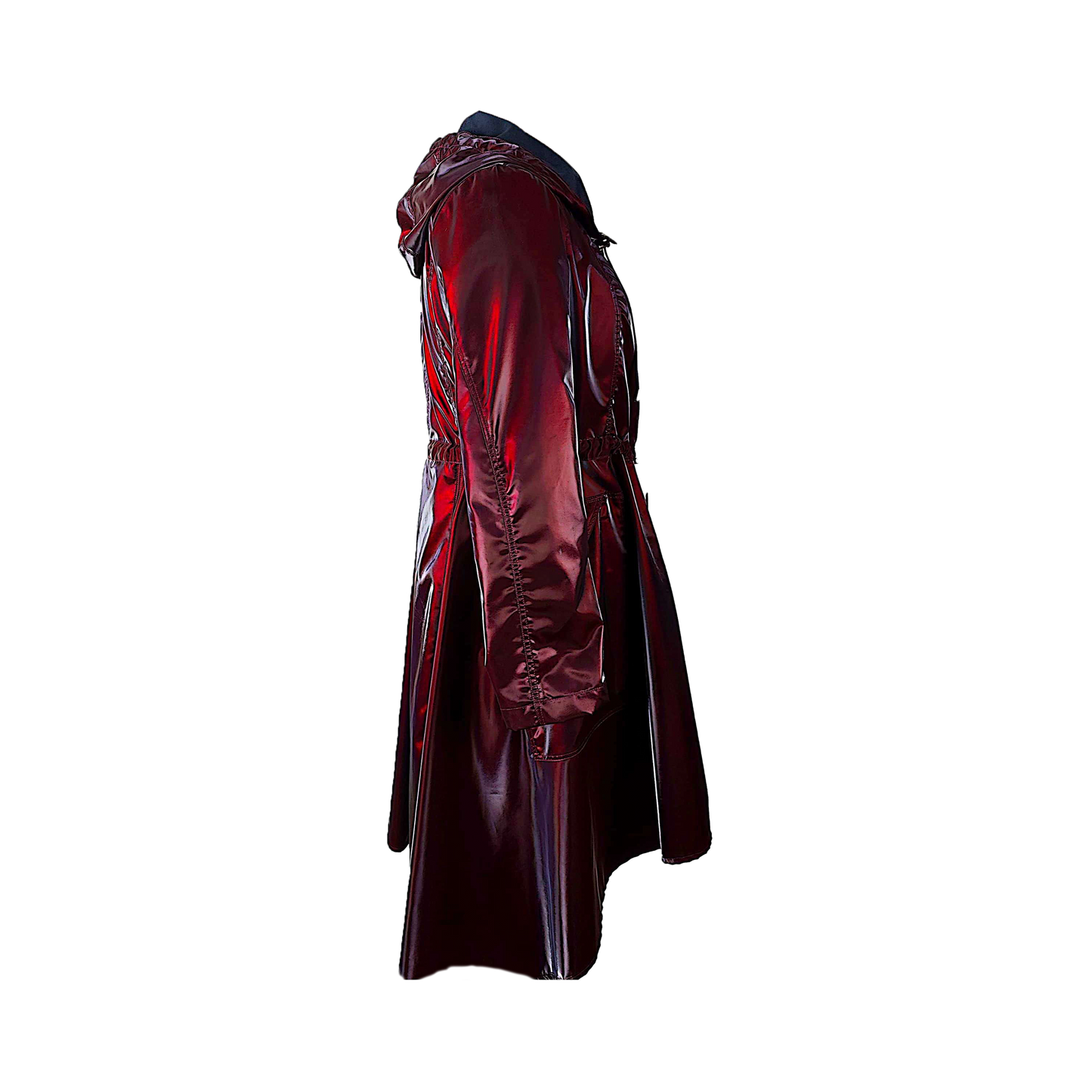 Side of layered coat in a burgundy lacquered finish with billow pockets and hood