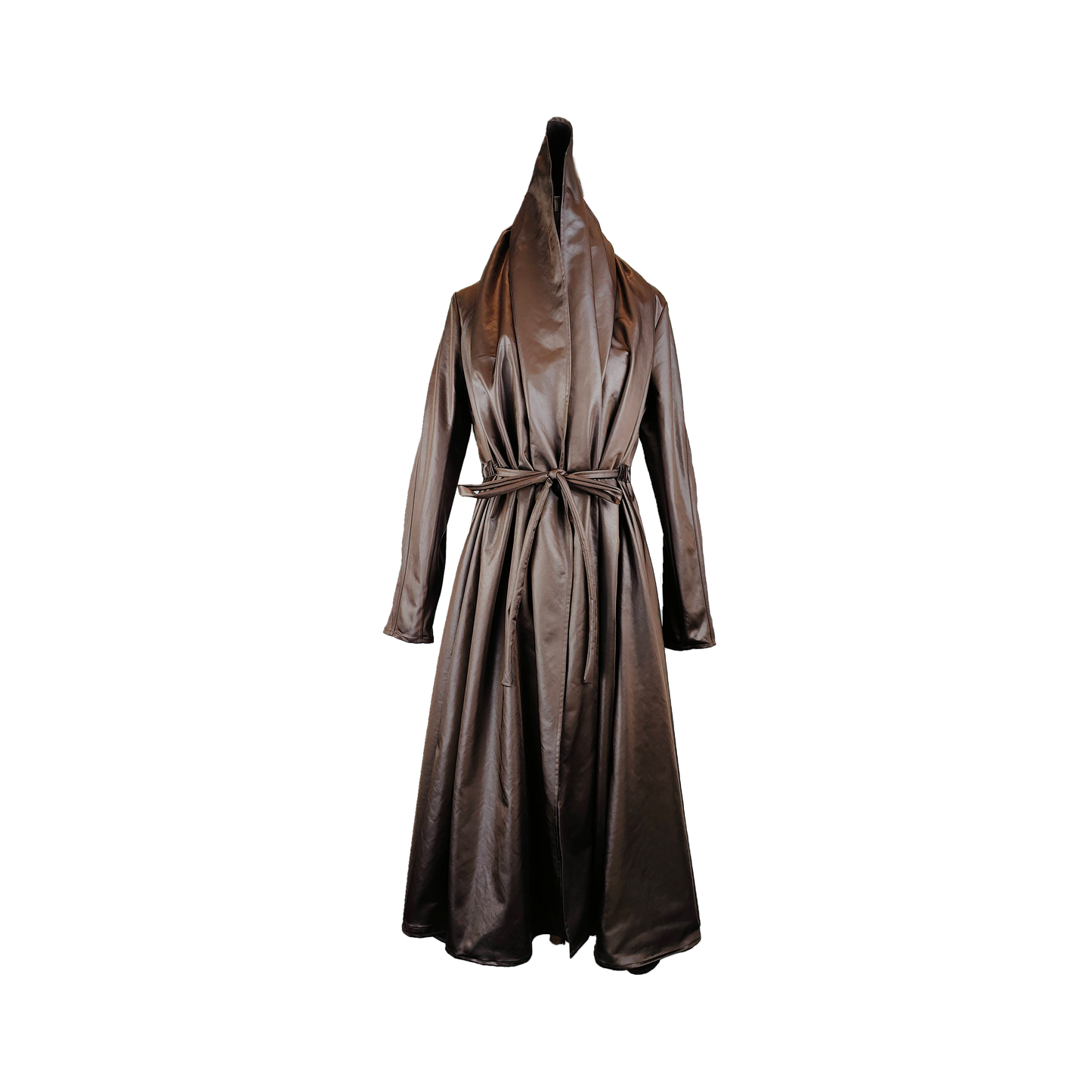 Chocolate satin and water repellant coat with popped integrated hood and belt