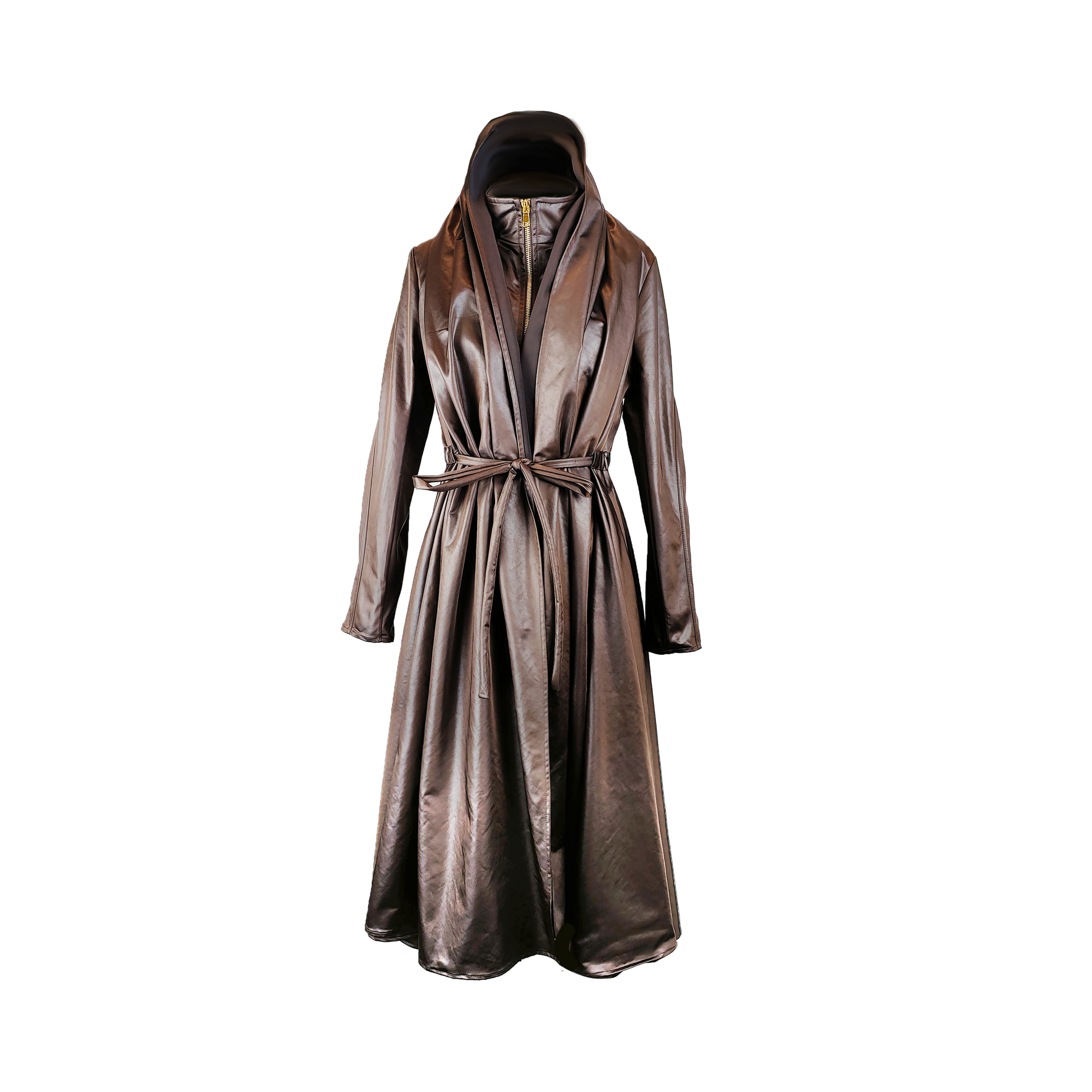 Chocolate satin and water repellant coat with integrated hood and belt