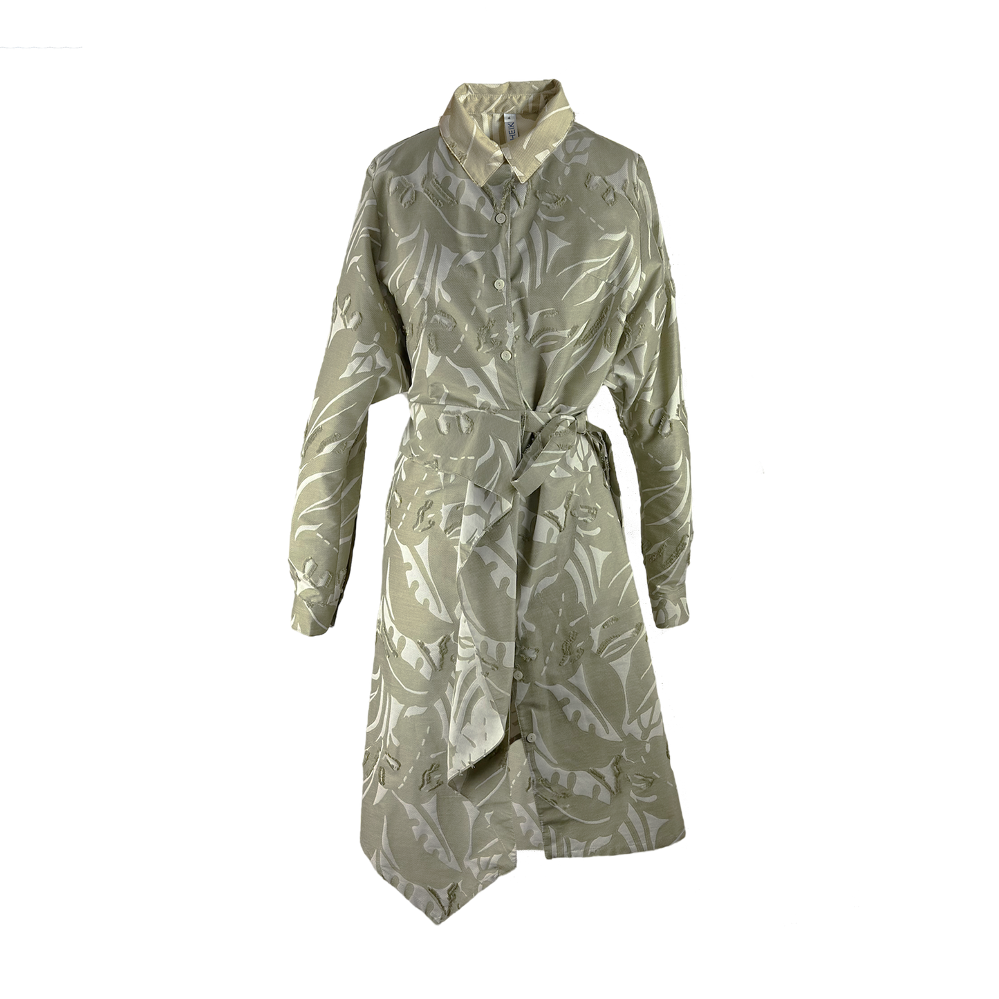 Seige shirt dress with an eye-catching beige leaf print, with unusual drape detail in front and kimono-style sleeves