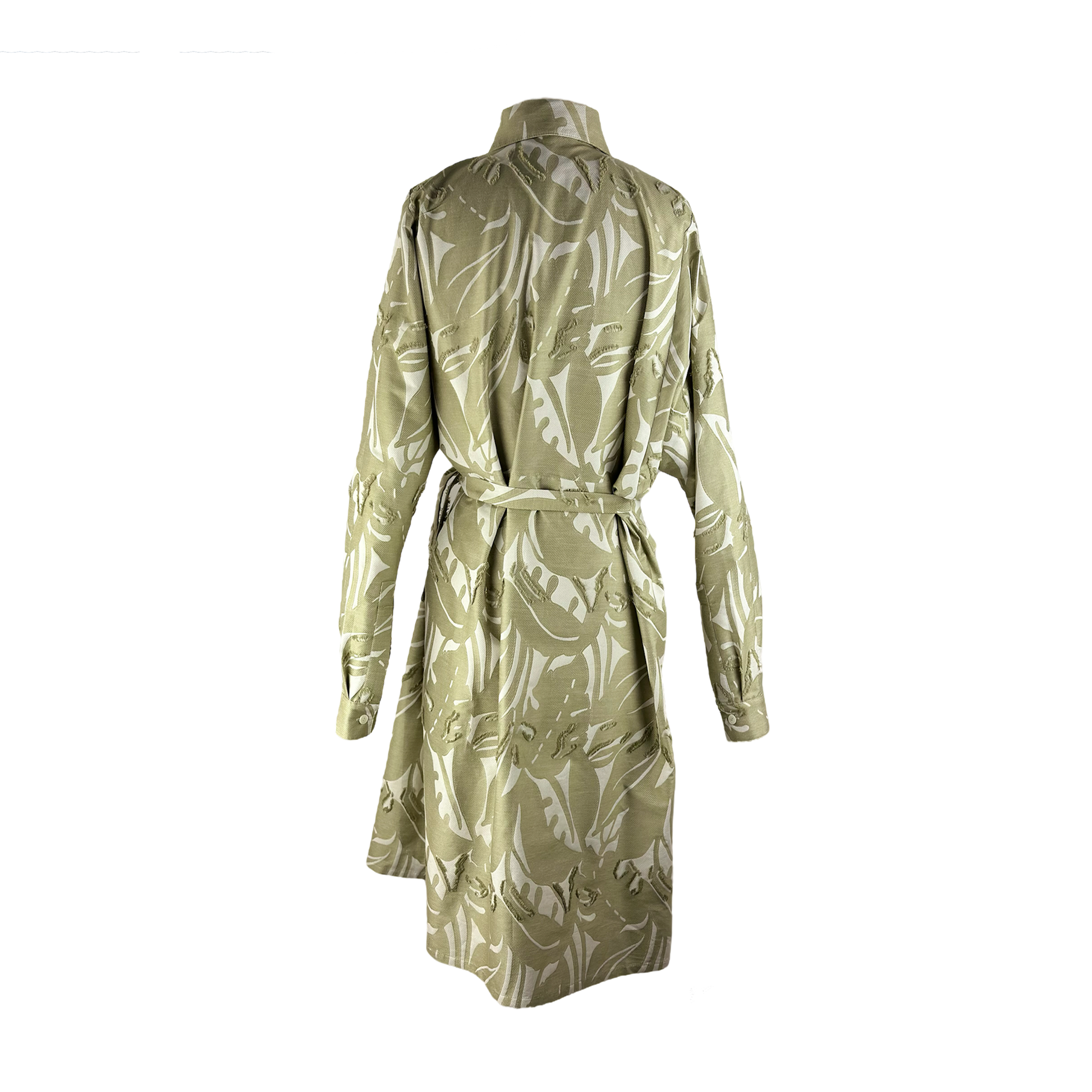Back of Seige shirt dress with an eye-catching beige leaf print, with unusual drape detail in front and kimono-style sleeves