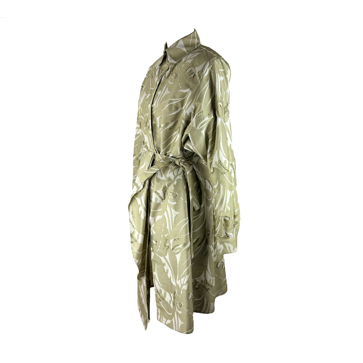 Side of Seige shirt dress with an eye-catching beige leaf print, with unusual drape detail in front and kimono-style sleeves