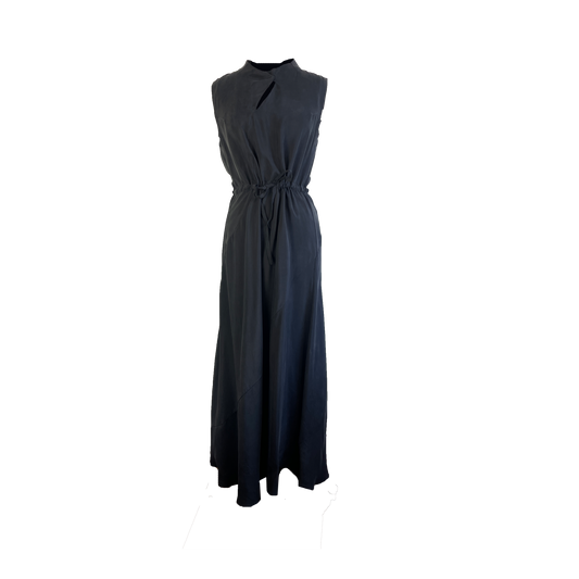 Black fluted sleeveless maxi dress with diagonal seamlines and a drawstring waist