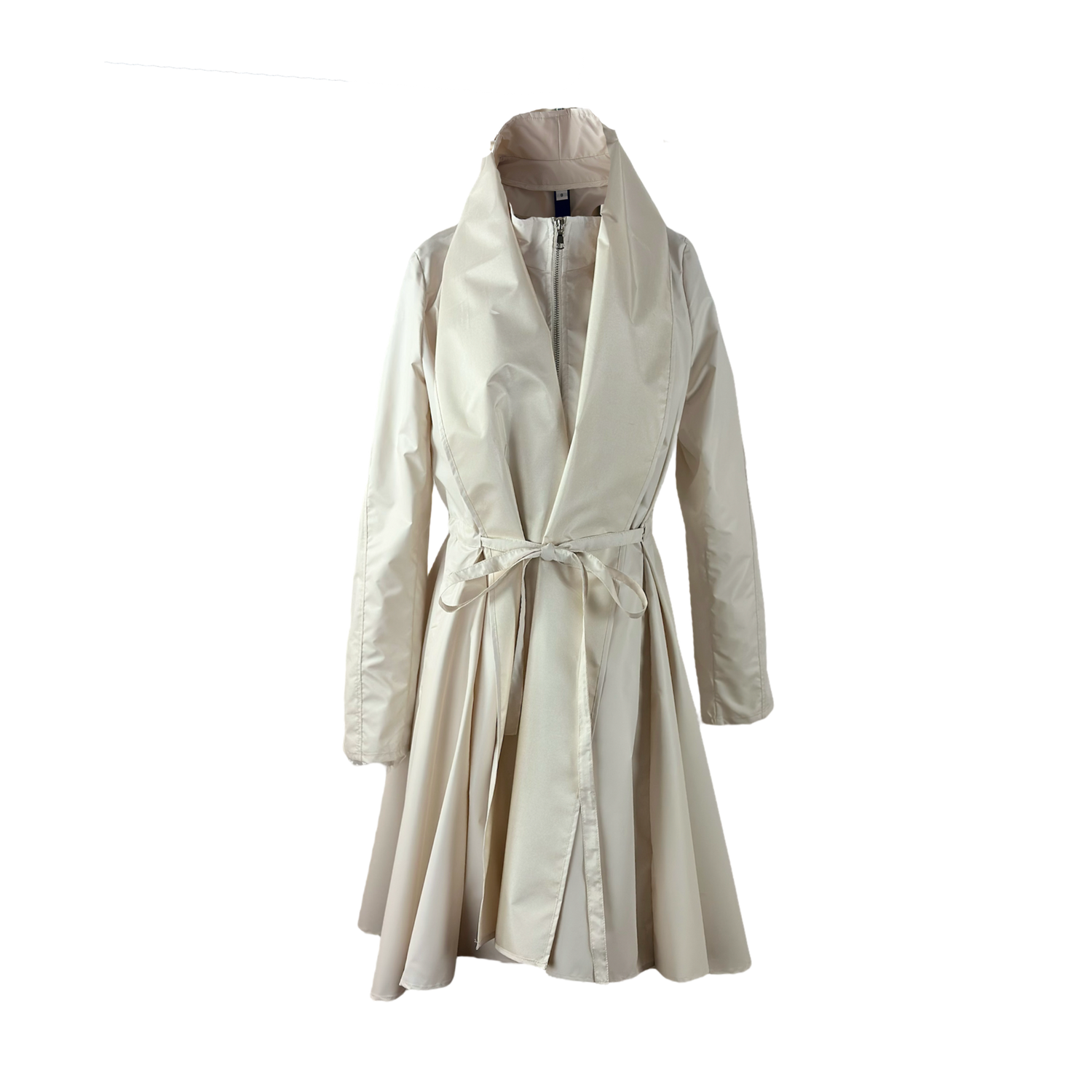 Shiny ecru cotton coat with self tie belt, interior bib and integrated hood