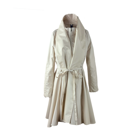 Shiny ecru cotton coat with self tie belt, interior bib and integrated hood