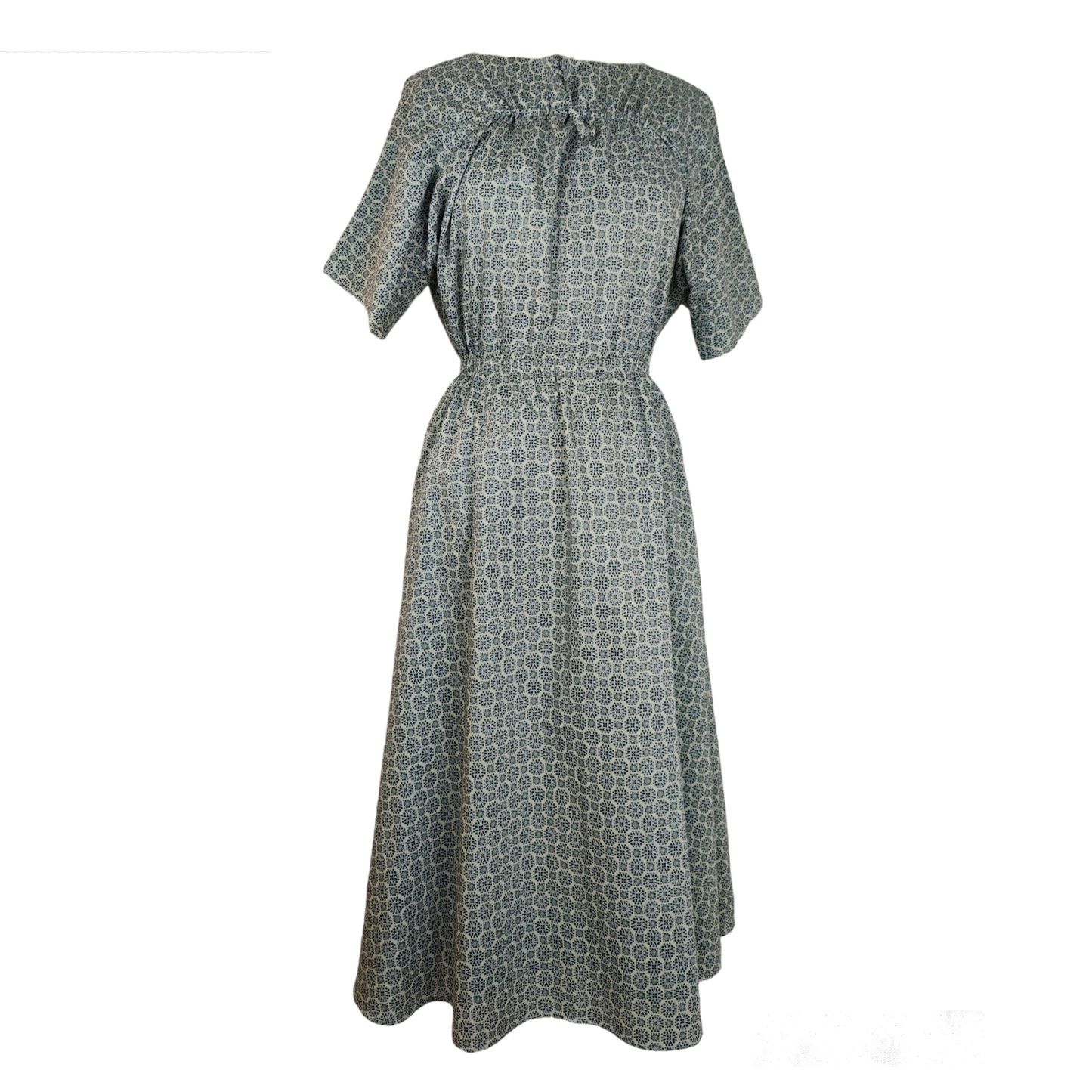 Blue patterned midi dress with drawstring detail, adjustable sleeves, and gathered waist