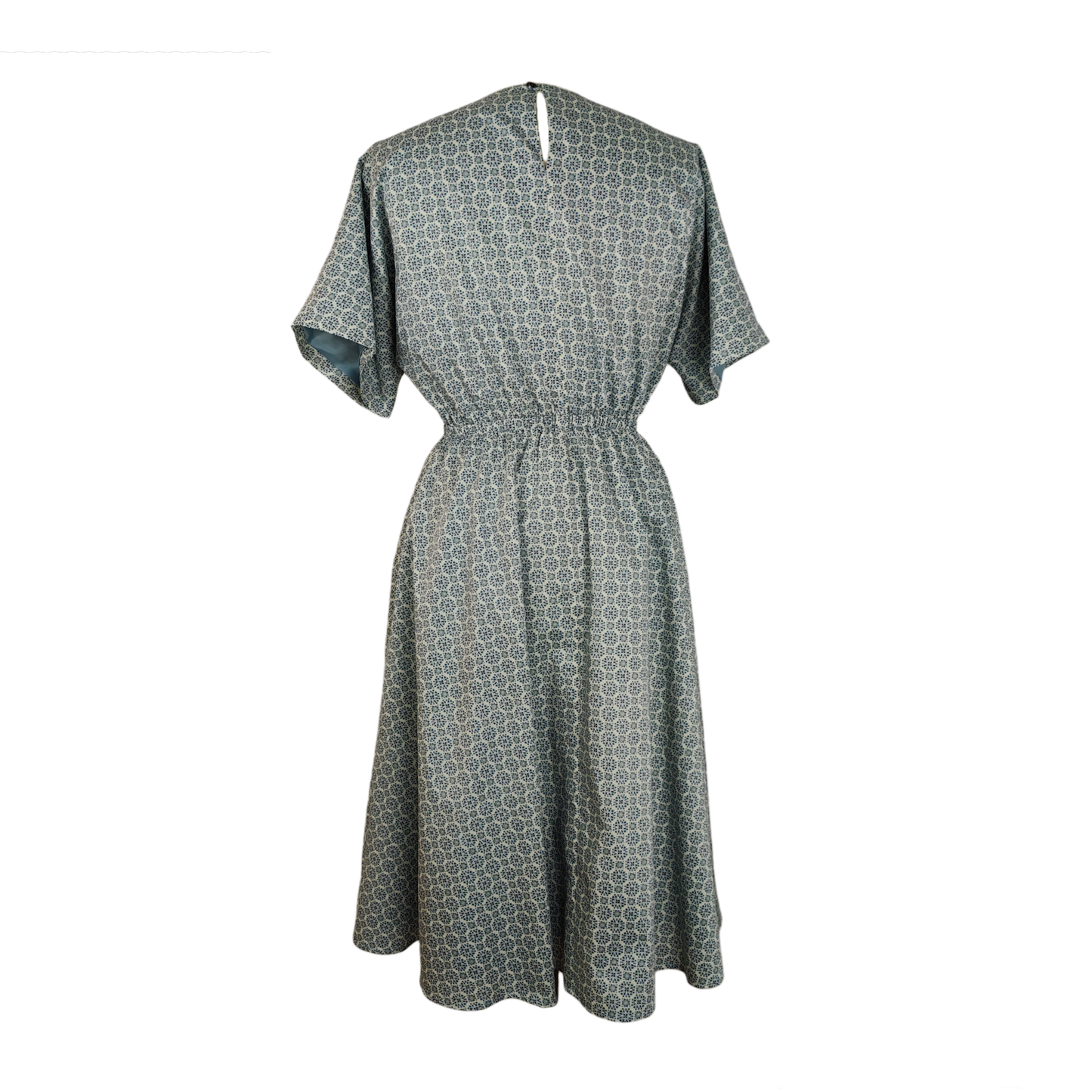 Back of blue pattern midi dress with drawstring detail, adjustable sleeves, and gathered waist