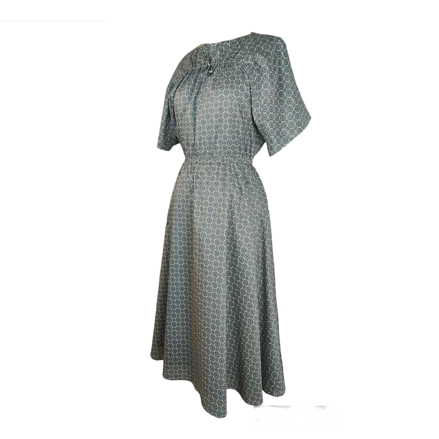 Side of blue pattern midi dress with drawstring detail, adjustable sleeves, and gathered waist