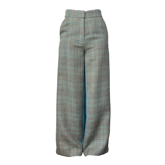 Wool blend two tone high waisted flared pants, made in double faced fabric with black plaid in front and solid turquoise in the back 