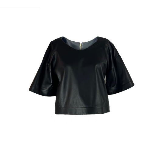 Loose fit cropped top in black made from polished lambskin and zipper