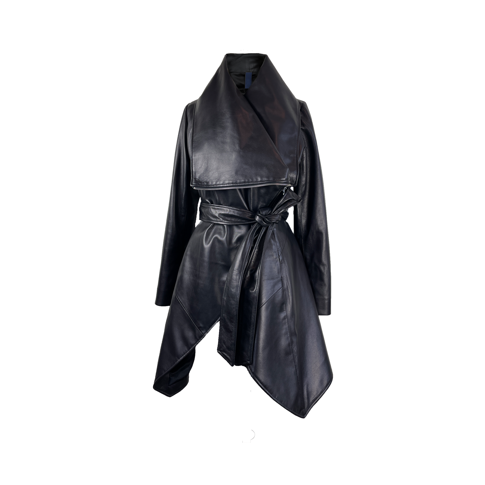 Sculptural black lamb skin coat with asymmetric closure and hem line and integrated belt