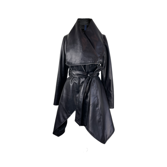 Sculptural black lamb skin coat with asymmetric closure and hem line and integrated belt