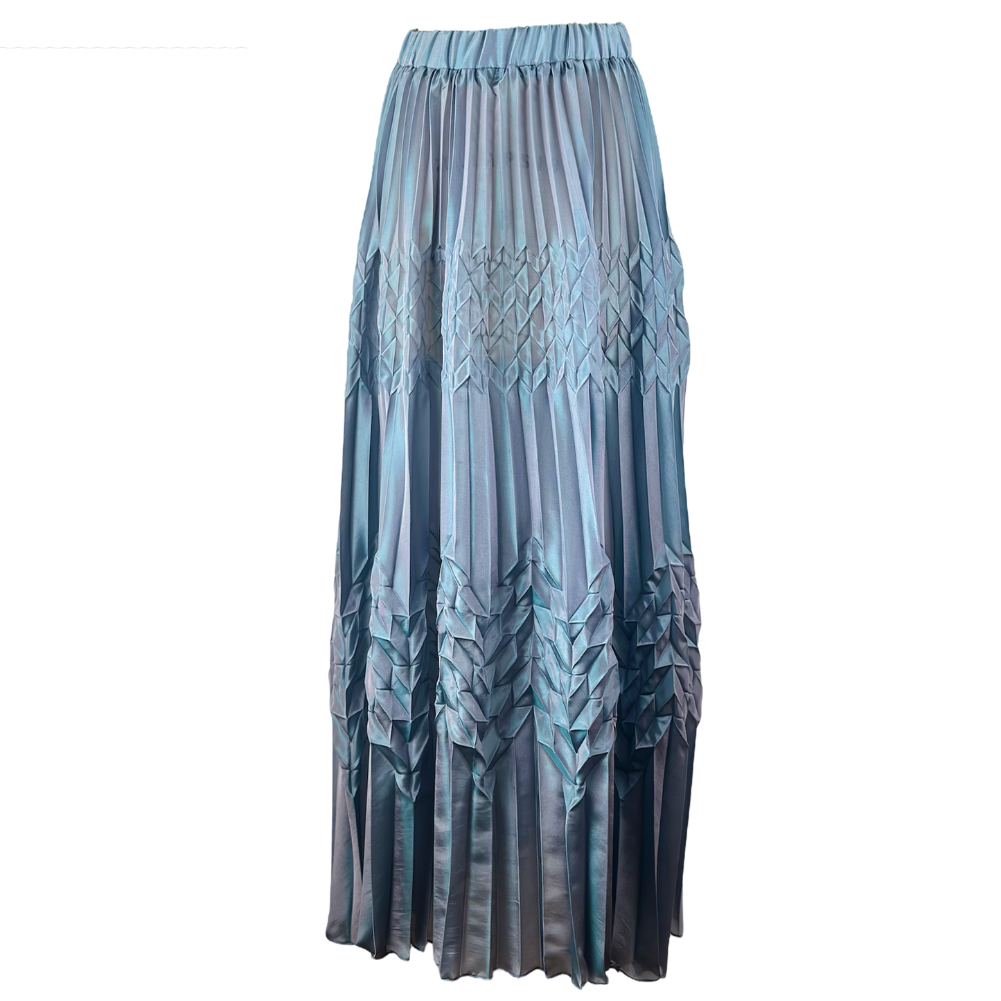 Periwinkle blue maxi skirt with sharp knife pleating and elastic waist 