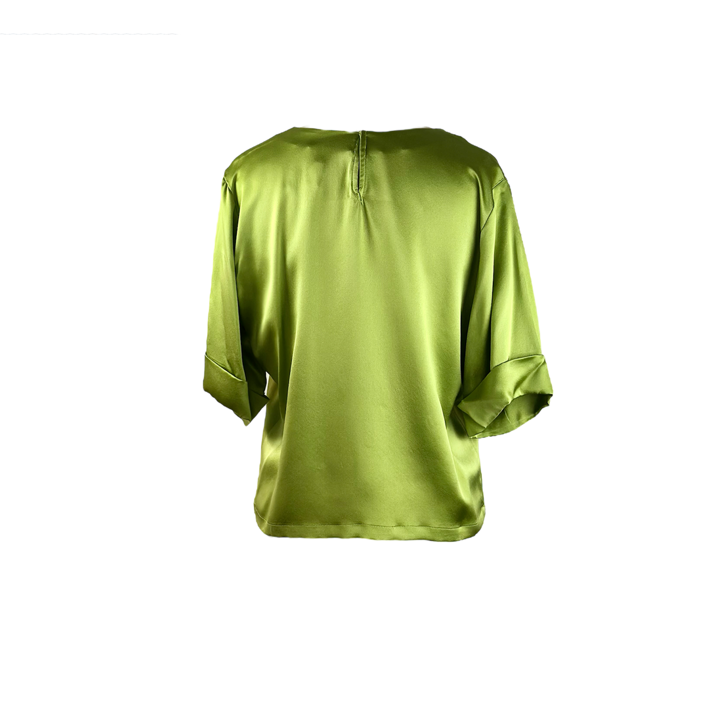 Back of boxy silk top in lime with zipper and folded sleeves