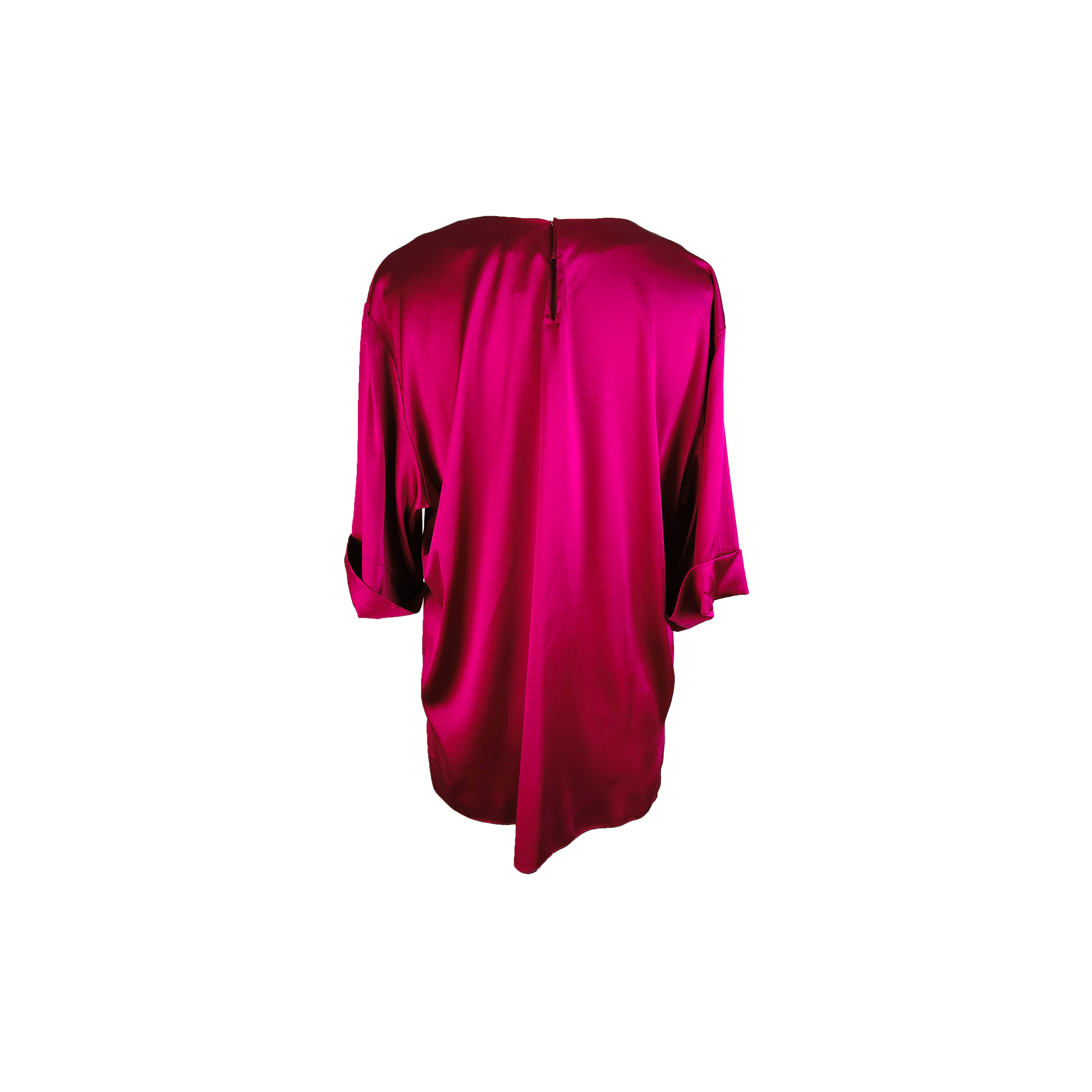 Back of long sheen fuchsia top with folded sleeves and zipper