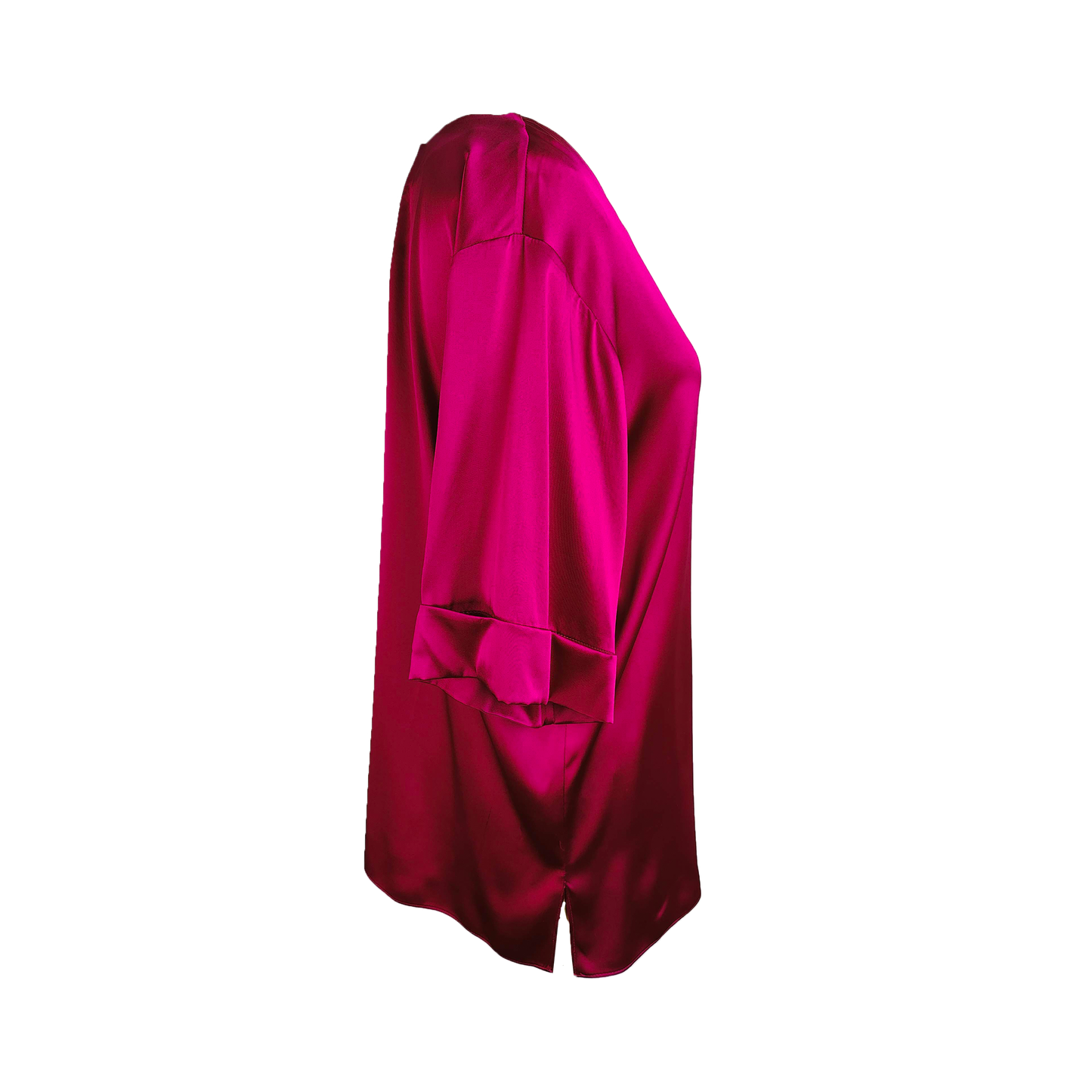Side of long sheen fuchsia top with folded sleeves 