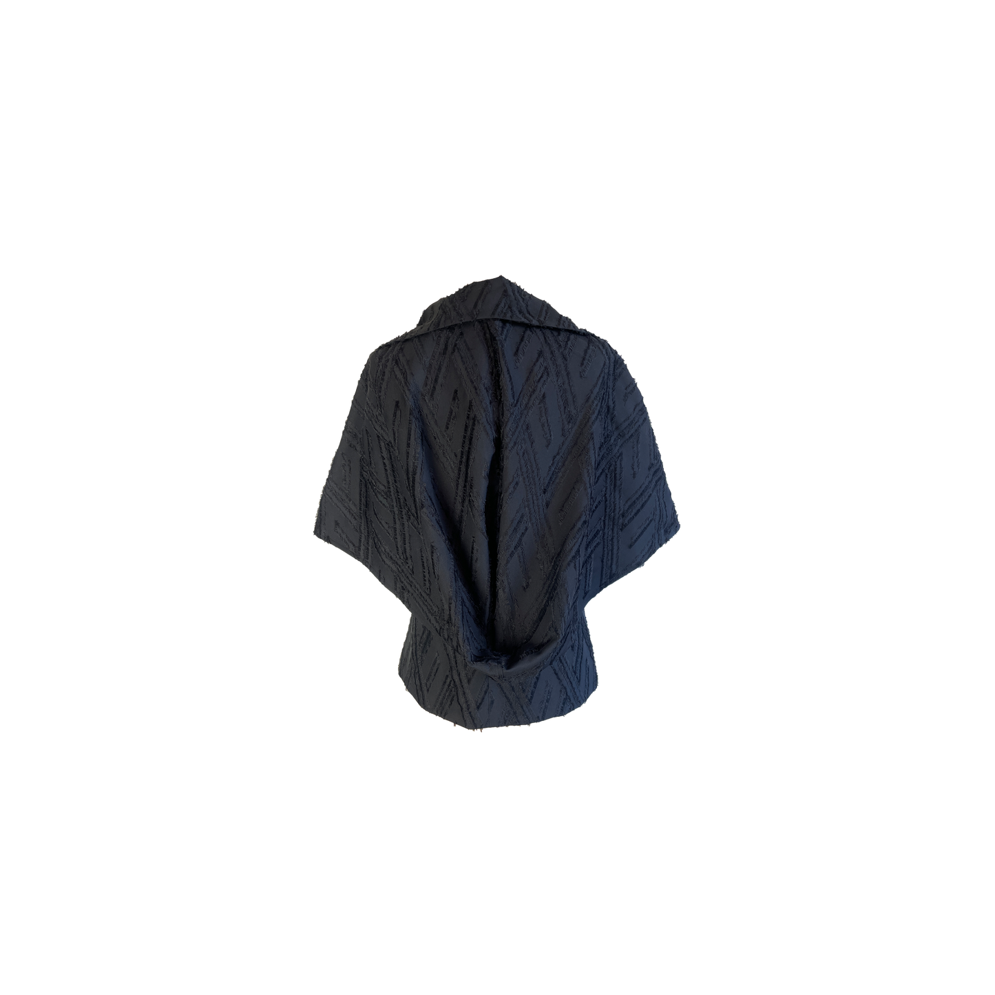 Back of black wool blend wrap jacket with transformable cape with black fringed detail