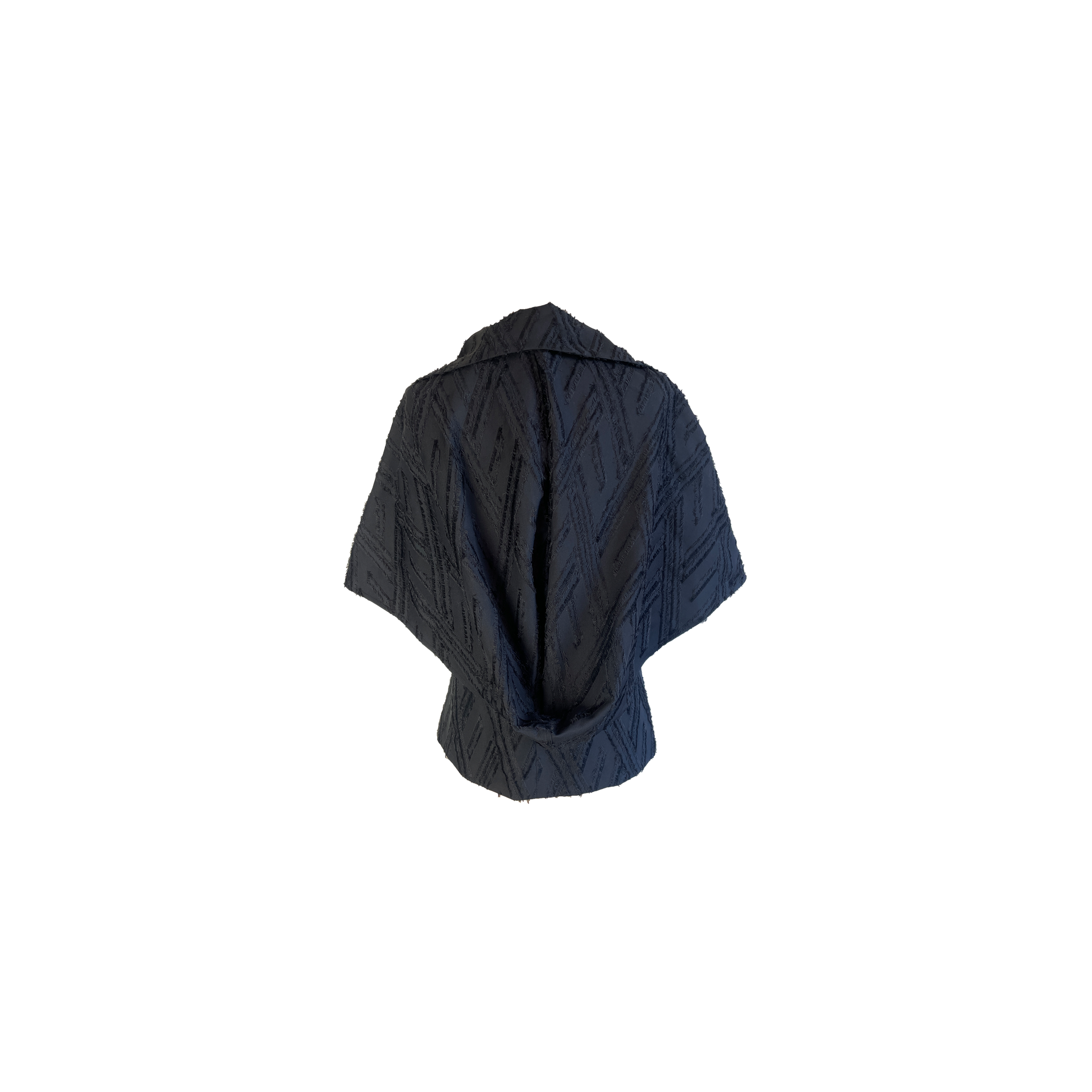 Back of black wool blend wrap jacket with transformable cape with black fringed detail